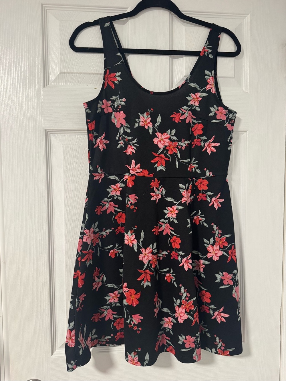 Divided Black Floral Fit-and-Flare Dress with Pink & Red Blooms